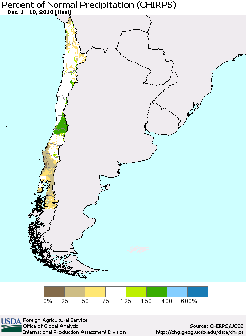 Chile Percent of Normal Precipitation (CHIRPS) Thematic Map For 12/1/2018 - 12/10/2018