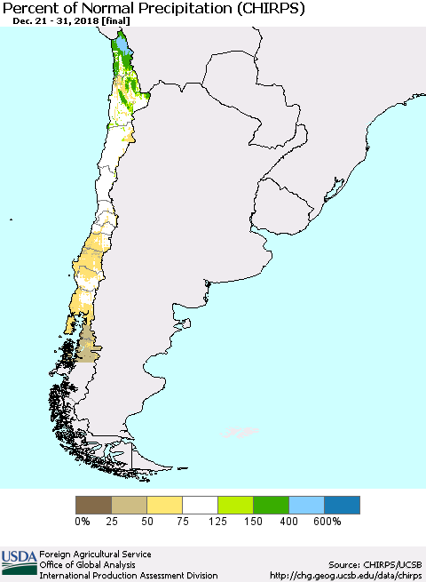 Chile Percent of Normal Precipitation (CHIRPS) Thematic Map For 12/21/2018 - 12/31/2018