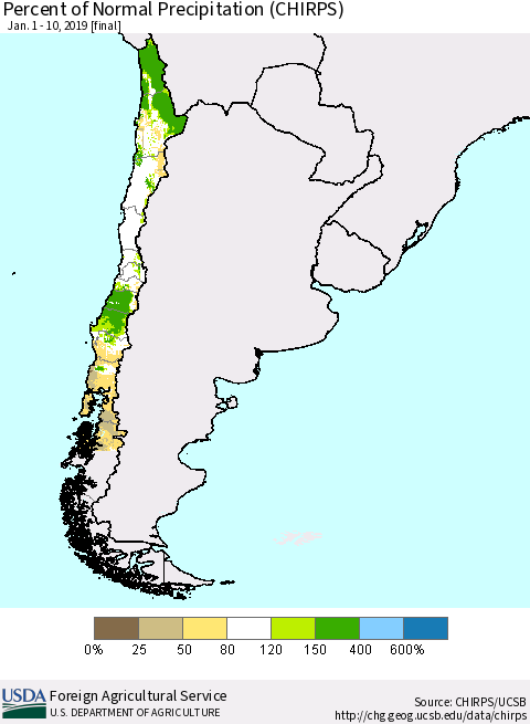 Chile Percent of Normal Precipitation (CHIRPS) Thematic Map For 1/1/2019 - 1/10/2019