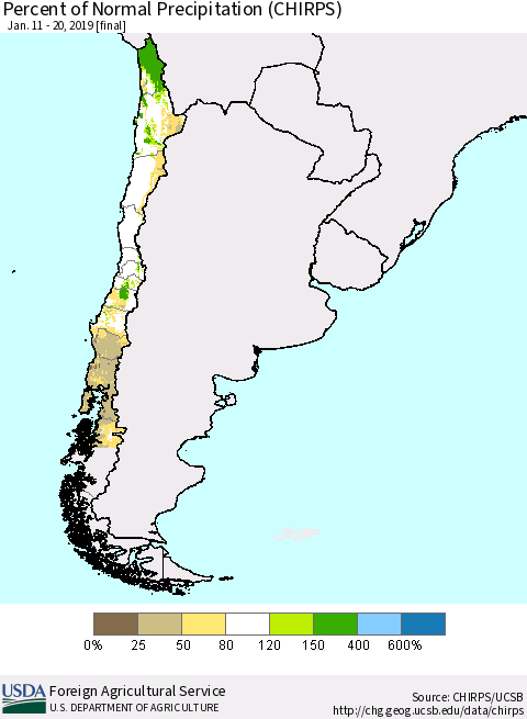 Chile Percent of Normal Precipitation (CHIRPS) Thematic Map For 1/11/2019 - 1/20/2019