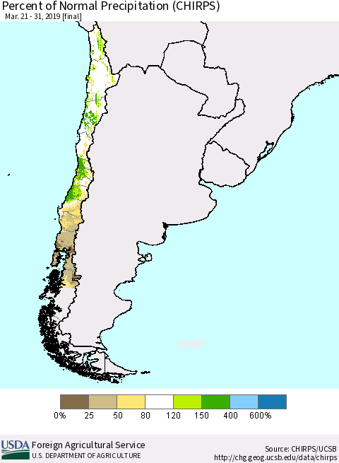Chile Percent of Normal Precipitation (CHIRPS) Thematic Map For 3/21/2019 - 3/31/2019