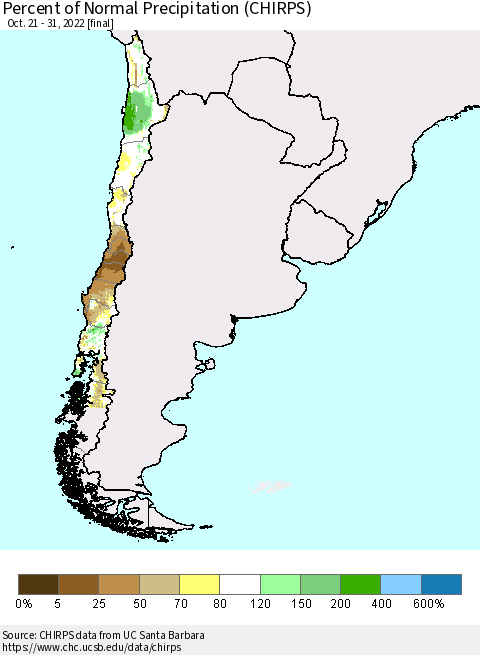 Chile Percent of Normal Precipitation (CHIRPS) Thematic Map For 10/21/2022 - 10/31/2022