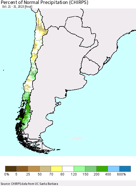 Chile Percent of Normal Precipitation (CHIRPS) Thematic Map For 10/21/2023 - 10/31/2023
