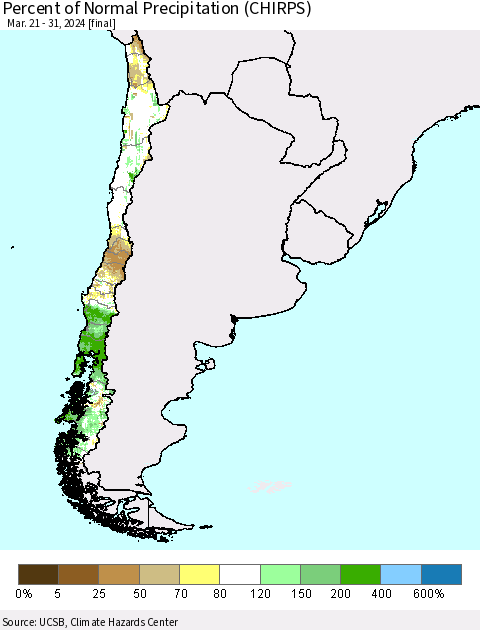 Chile Percent of Normal Precipitation (CHIRPS) Thematic Map For 3/21/2024 - 3/31/2024