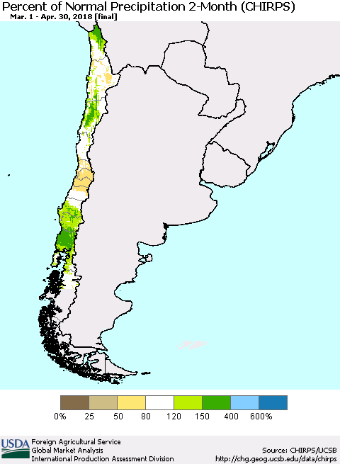 Chile Percent of Normal Precipitation 2-Month (CHIRPS) Thematic Map For 3/1/2018 - 4/30/2018
