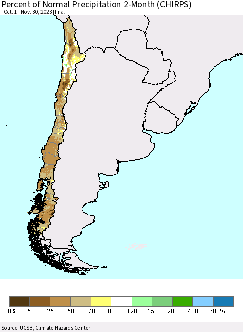 Chile Percent of Normal Precipitation 2-Month (CHIRPS) Thematic Map For 10/1/2023 - 11/30/2023