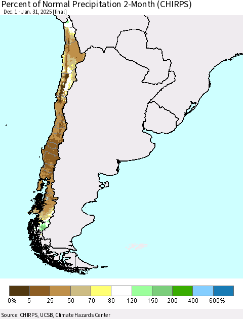 Chile Percent of Normal Precipitation 2-Month (CHIRPS) Thematic Map For 12/1/2024 - 1/31/2025