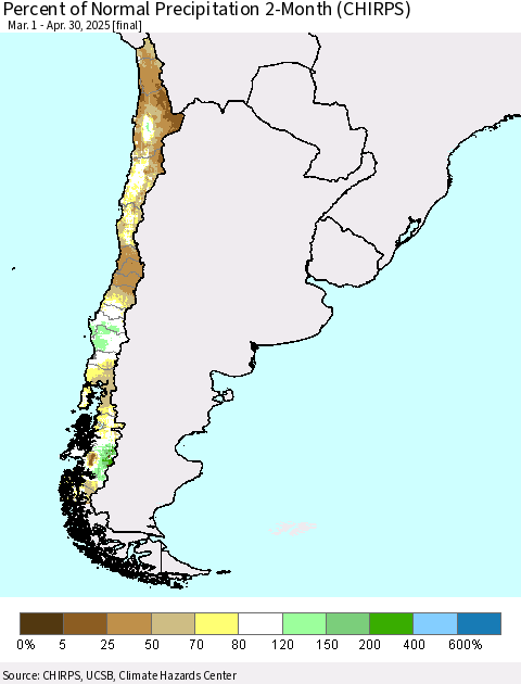 Chile Percent of Normal Precipitation 2-Month (CHIRPS) Thematic Map For 3/1/2025 - 4/30/2025