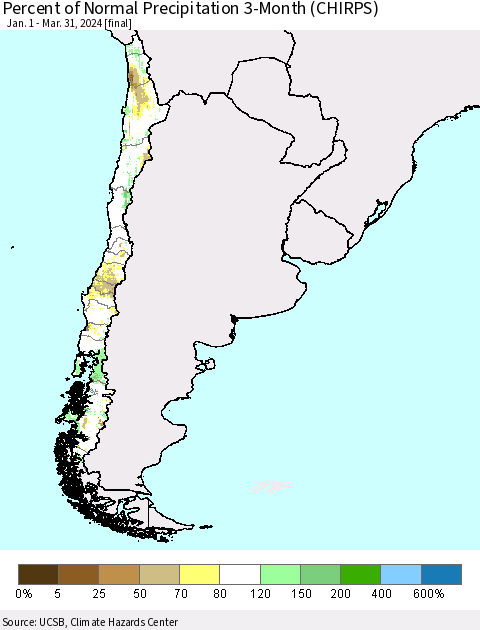 Chile Percent of Normal Precipitation 3-Month (CHIRPS) Thematic Map For 1/1/2024 - 3/31/2024