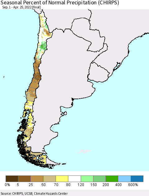 Chile Seasonal Percent of Normal Precipitation (CHIRPS) Thematic Map For 9/1/2021 - 4/25/2022