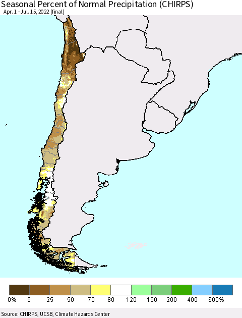 Chile Seasonal Percent of Normal Precipitation (CHIRPS) Thematic Map For 4/1/2022 - 7/15/2022