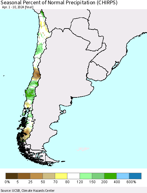 Chile Seasonal Percent of Normal Precipitation (CHIRPS) Thematic Map For 4/1/2024 - 4/10/2024