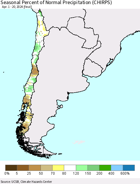 Chile Seasonal Percent of Normal Precipitation (CHIRPS) Thematic Map For 4/1/2024 - 4/20/2024