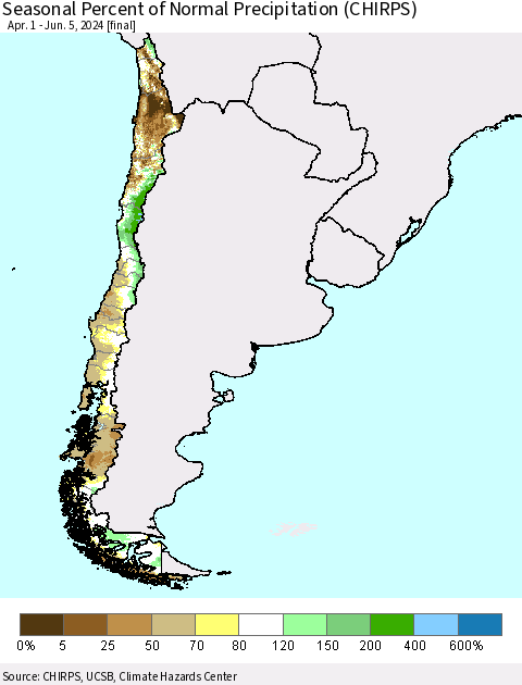 Chile Seasonal Percent of Normal Precipitation (CHIRPS) Thematic Map For 4/1/2024 - 6/5/2024