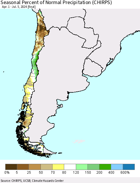 Chile Seasonal Percent of Normal Precipitation (CHIRPS) Thematic Map For 4/1/2024 - 7/5/2024