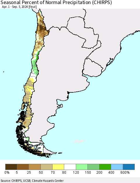 Chile Seasonal Percent of Normal Precipitation (CHIRPS) Thematic Map For 4/1/2024 - 9/5/2024