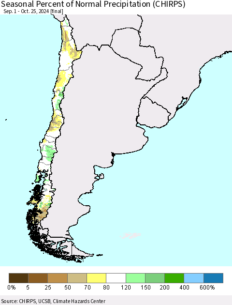 Chile Seasonal Percent of Normal Precipitation (CHIRPS) Thematic Map For 9/1/2024 - 10/25/2024