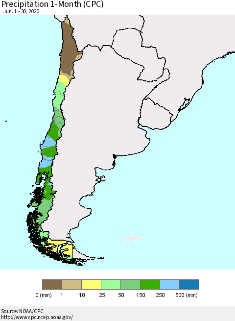 Chile Precipitation 1-Month (CPC) Thematic Map For 6/1/2020 - 6/30/2020