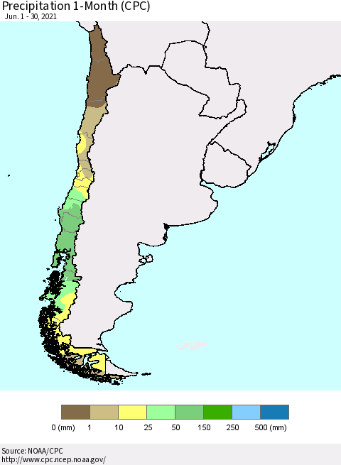 Chile Precipitation 1-Month (CPC) Thematic Map For 6/1/2021 - 6/30/2021