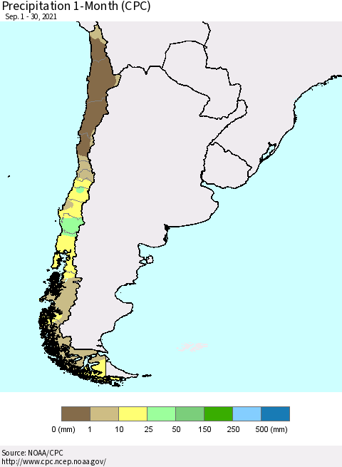 Chile Precipitation 1-Month (CPC) Thematic Map For 9/1/2021 - 9/30/2021