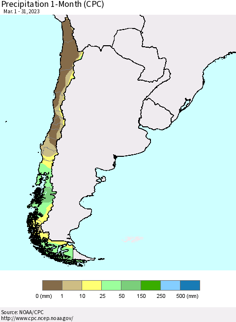 Chile Precipitation 1-Month (CPC) Thematic Map For 3/1/2023 - 3/31/2023