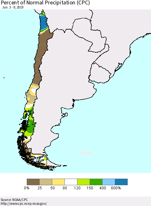 Chile Percent of Normal Precipitation (CPC) Thematic Map For 6/3/2019 - 6/9/2019
