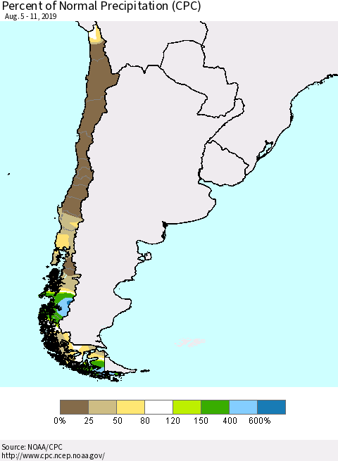 Chile Percent of Normal Precipitation (CPC) Thematic Map For 8/5/2019 - 8/11/2019