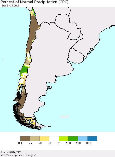 Chile Percent of Normal Precipitation (CPC) Thematic Map For 9/9/2019 - 9/15/2019