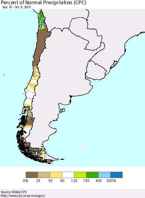 Chile Percent of Normal Precipitation (CPC) Thematic Map For 9/30/2019 - 10/6/2019