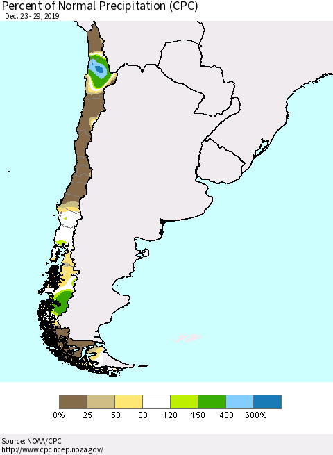 Chile Percent of Normal Precipitation (CPC) Thematic Map For 12/23/2019 - 12/29/2019