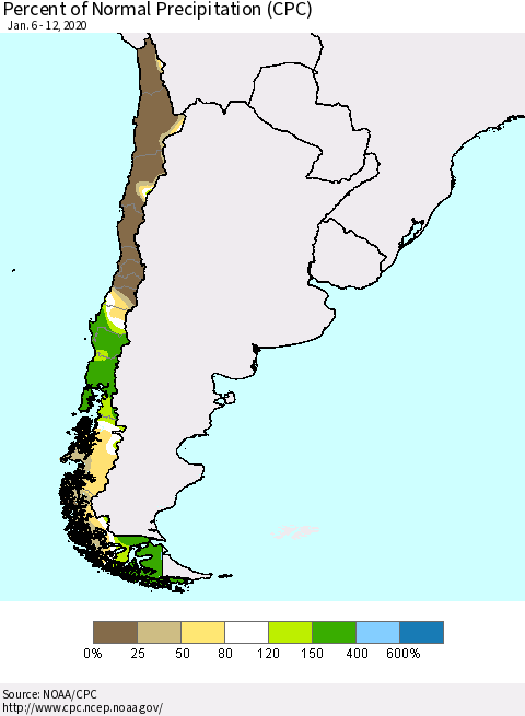 Chile Percent of Normal Precipitation (CPC) Thematic Map For 1/6/2020 - 1/12/2020