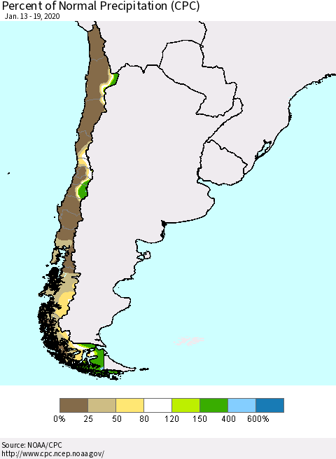 Chile Percent of Normal Precipitation (CPC) Thematic Map For 1/13/2020 - 1/19/2020