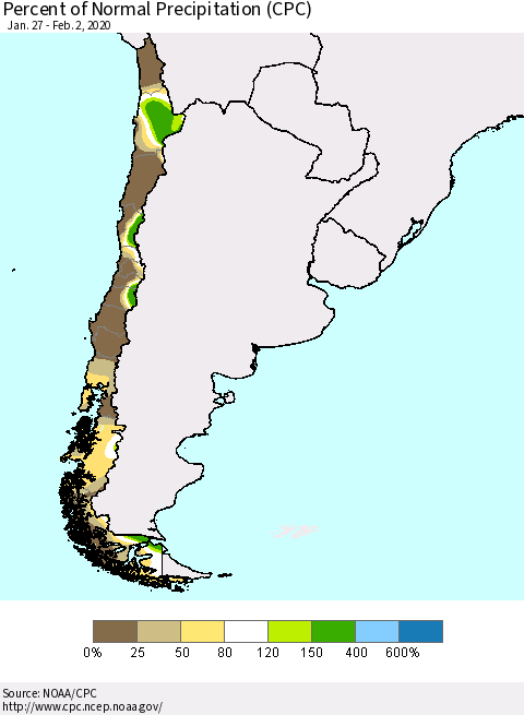 Chile Percent of Normal Precipitation (CPC) Thematic Map For 1/27/2020 - 2/2/2020