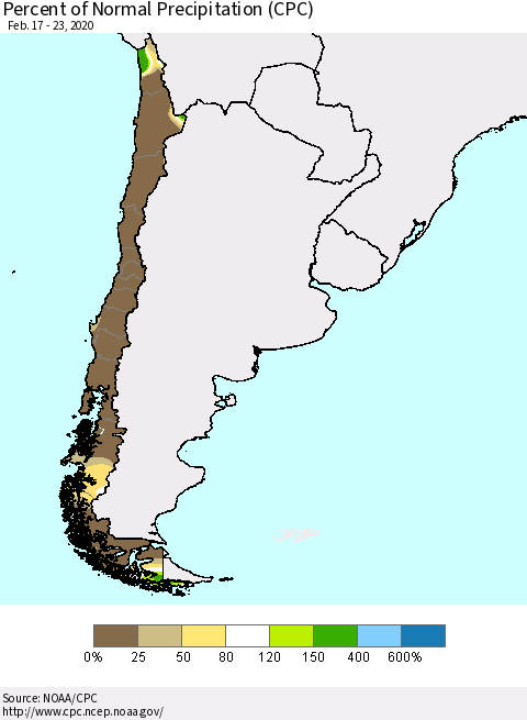 Chile Percent of Normal Precipitation (CPC) Thematic Map For 2/17/2020 - 2/23/2020