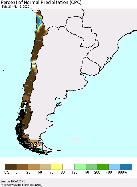 Chile Percent of Normal Precipitation (CPC) Thematic Map For 2/24/2020 - 3/1/2020