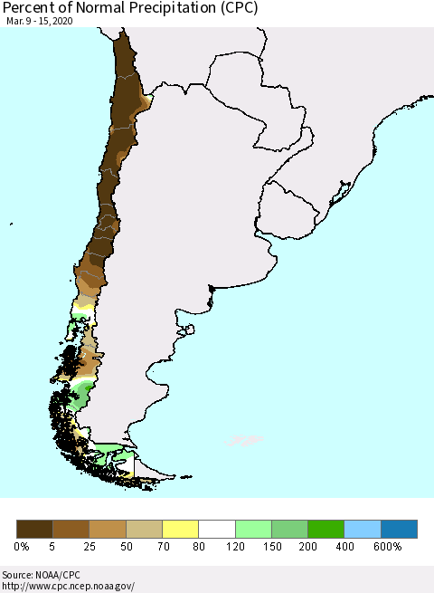 Chile Percent of Normal Precipitation (CPC) Thematic Map For 3/9/2020 - 3/15/2020