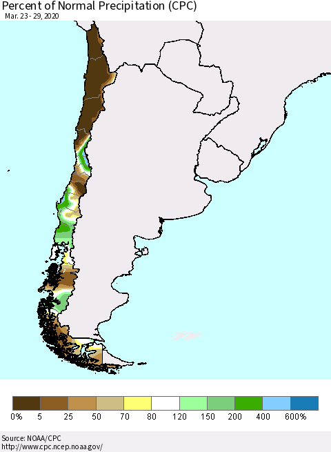 Chile Percent of Normal Precipitation (CPC) Thematic Map For 3/23/2020 - 3/29/2020