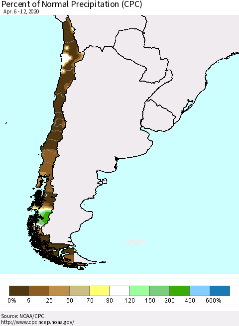 Chile Percent of Normal Precipitation (CPC) Thematic Map For 4/6/2020 - 4/12/2020