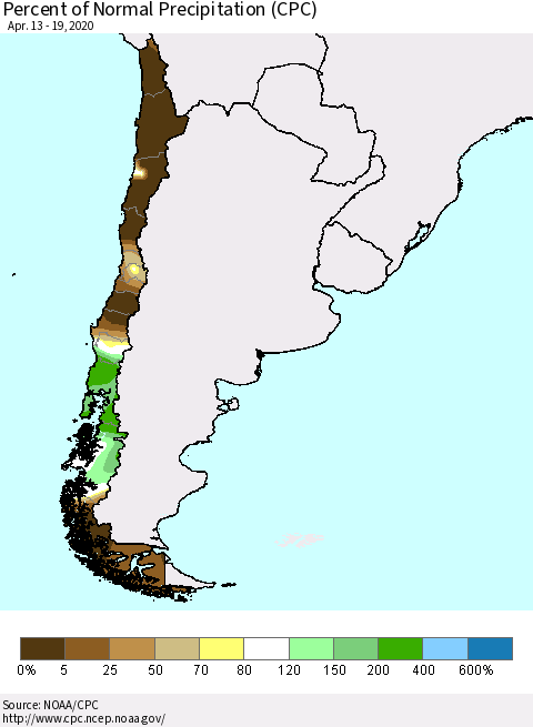 Chile Percent of Normal Precipitation (CPC) Thematic Map For 4/13/2020 - 4/19/2020