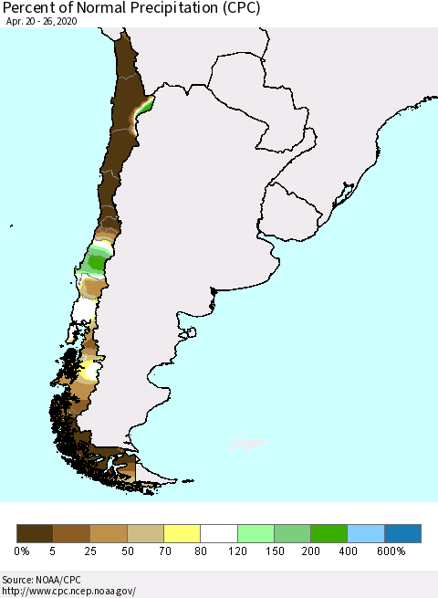 Chile Percent of Normal Precipitation (CPC) Thematic Map For 4/20/2020 - 4/26/2020