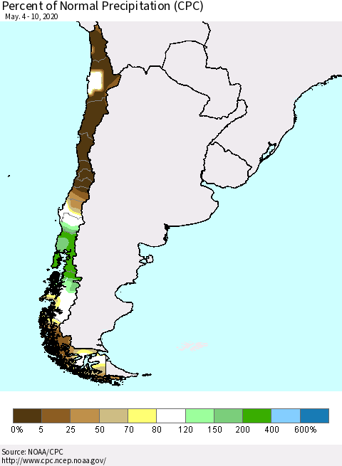 Chile Percent of Normal Precipitation (CPC) Thematic Map For 5/4/2020 - 5/10/2020