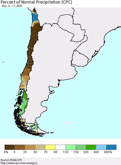 Chile Percent of Normal Precipitation (CPC) Thematic Map For 5/11/2020 - 5/17/2020