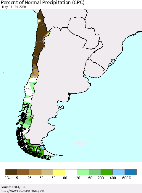 Chile Percent of Normal Precipitation (CPC) Thematic Map For 5/18/2020 - 5/24/2020