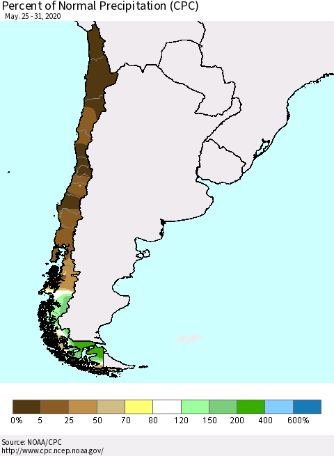 Chile Percent of Normal Precipitation (CPC) Thematic Map For 5/25/2020 - 5/31/2020