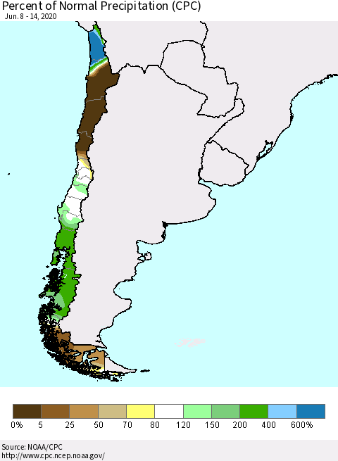 Chile Percent of Normal Precipitation (CPC) Thematic Map For 6/8/2020 - 6/14/2020