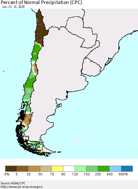 Chile Percent of Normal Precipitation (CPC) Thematic Map For 6/15/2020 - 6/21/2020