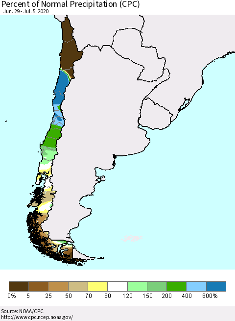 Chile Percent of Normal Precipitation (CPC) Thematic Map For 6/29/2020 - 7/5/2020