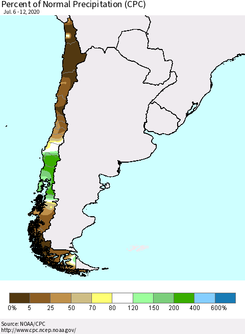 Chile Percent of Normal Precipitation (CPC) Thematic Map For 7/6/2020 - 7/12/2020