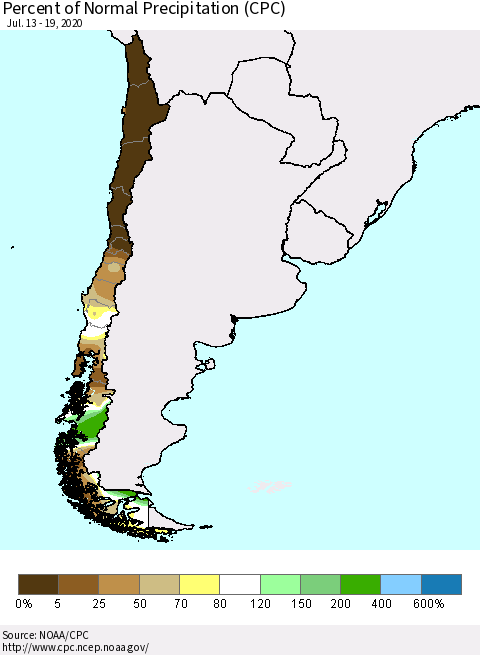 Chile Percent of Normal Precipitation (CPC) Thematic Map For 7/13/2020 - 7/19/2020