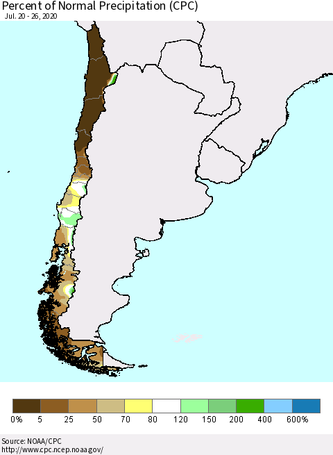 Chile Percent of Normal Precipitation (CPC) Thematic Map For 7/20/2020 - 7/26/2020